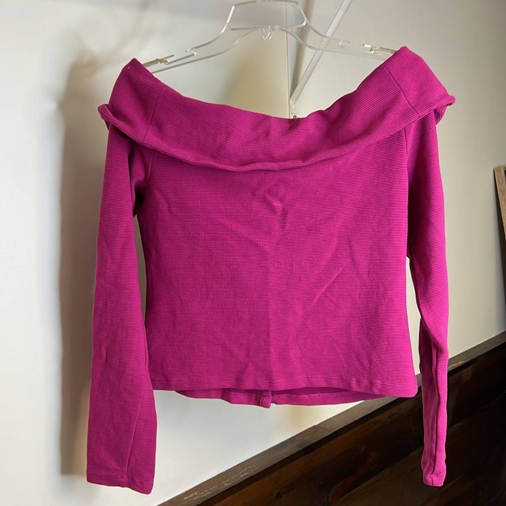 Anthropologie Maeve Magenta Ribbed Off The Shoulder Top- L - Picture 2 of 5